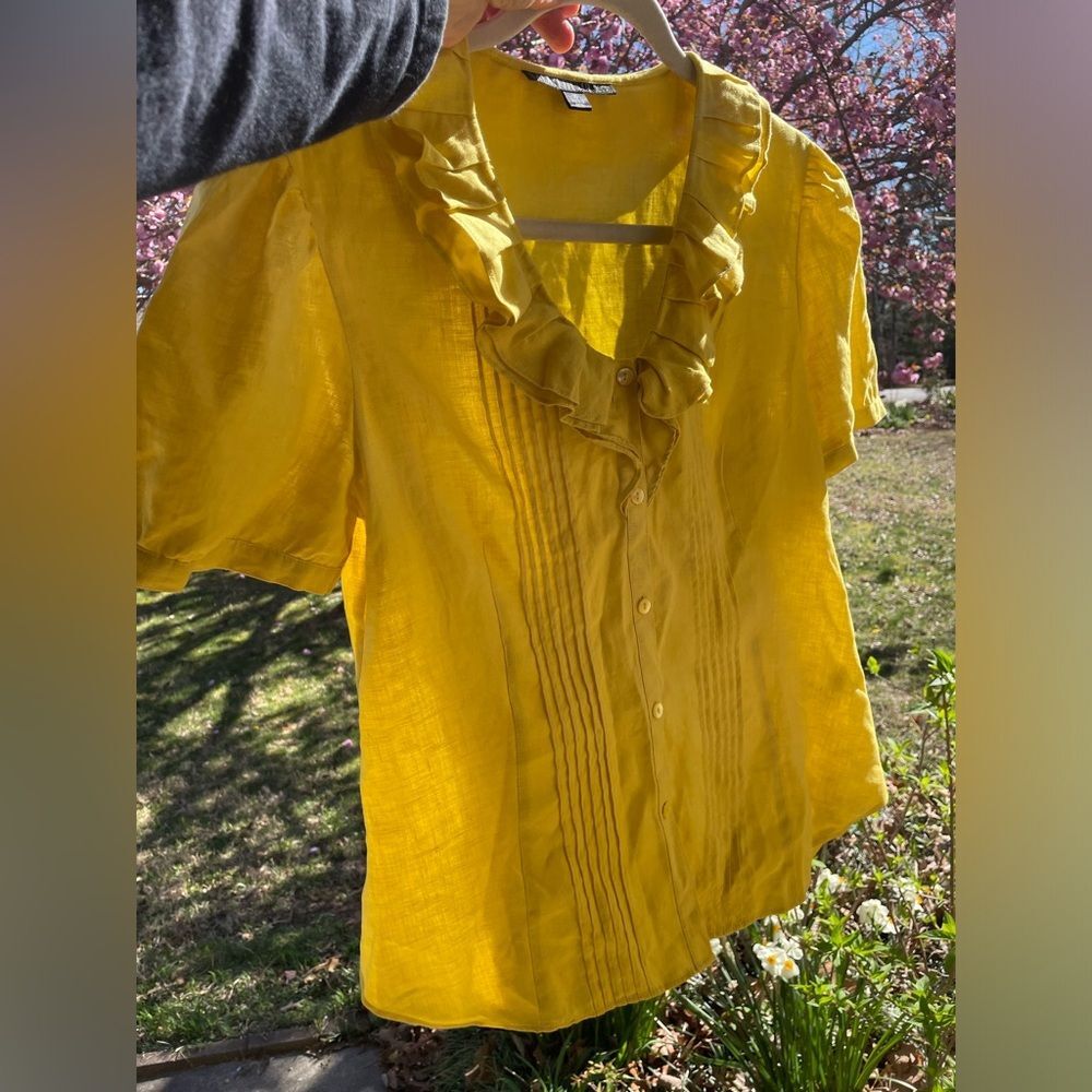 Lafayette 148 New York Luxury Yellow Ruffle Vneck Button Down Linen Blouse Sz10 - Picture 3 of 8